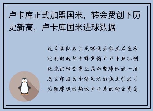 卢卡库正式加盟国米，转会费创下历史新高，卢卡库国米进球数据
