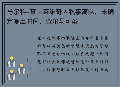 马尔科-查卡莱维奇因私事离队，未确定复出时间，查尔马可圣